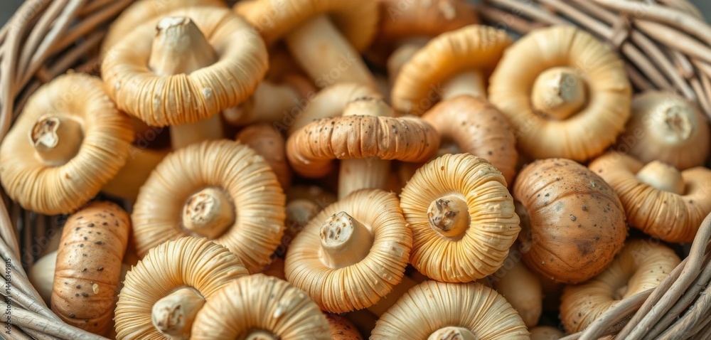 Close-up of freshly harvested mushrooms in a basket, texture, detail Close-up of freshly harvested mushrooms in a basket, texture, detail
