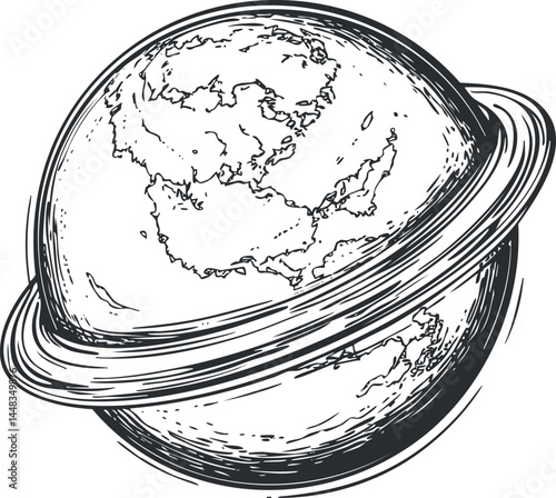 Black and white sketch of a planet with rings resembling Saturn in space with detailed surface outlines