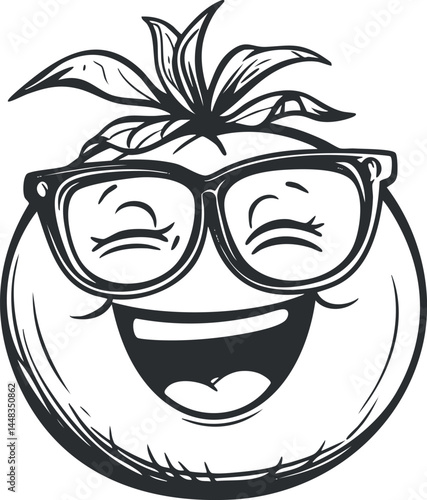 Black and white cartoon illustration of a happy tomato wearing large glasses and smiling widely