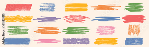 Hand drawn vector colorful dry brush pastel chalk charcoal crayon marker paintbrush strokes, stains, wide stripes, waves, scribbles, hatching, text boxes textured rough backgrounds collection.