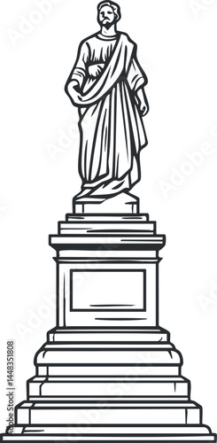 Black and white line drawing of a classical statue of a man in toga standing on a stepped pedestal