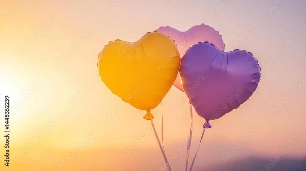 Fototapeta premium Heart-Shaped Balloons at Sunset: A Romantic Symbol of Love and Hope