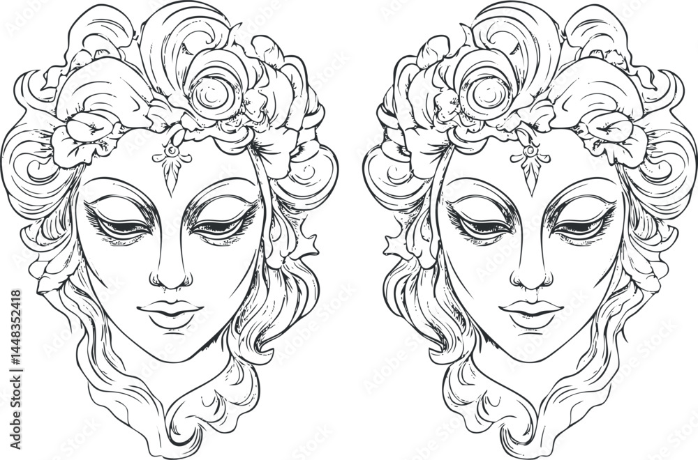 Black and white line art illustration of two elegant female faces with floral head decorations and serene expressions. Black and white line art illustration of two elegant female faces with floral head decorations and serene expressions.