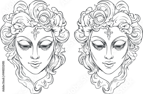 Black and white line art illustration of two elegant female faces with floral head decorations and serene expressions.