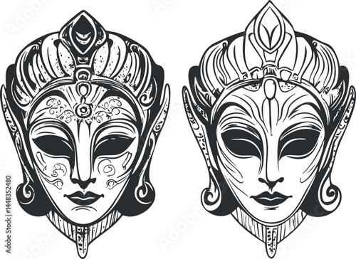 Two detailed black and white ornamental tribal masks with intricate facial patterns and headgear designs