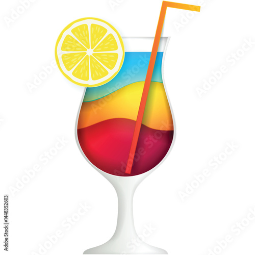 Cocktail glass with lemon vector. Alcohol party drink icon. Bar juice with lime and straw isolated. Summer tropical fruit liquor illustration. Beverage shake isolated on white background