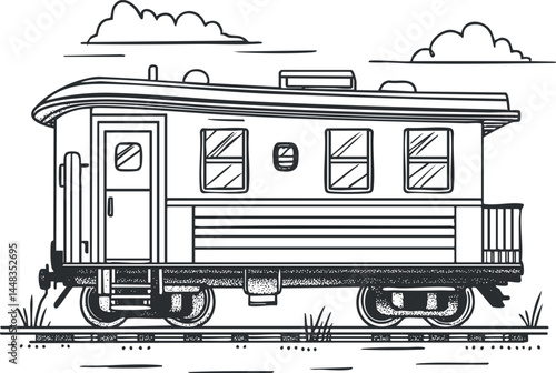 Black and white line drawing of a vintage train railcar with windows and door on railway tracks