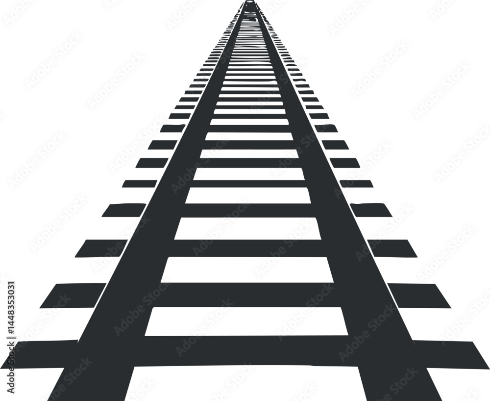 Black and white perspective view of railroad tracks extending into the distance on a white background Black and white perspective view of railroad tracks extending into the distance on a white background