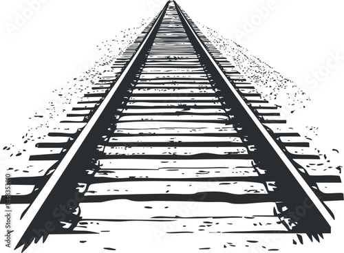 Black and white illustration of railroad tracks extending into the distance with wooden ties and gravel