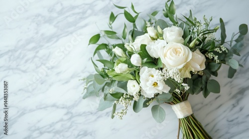 Minimalist bouquet of white flowers and lush greenery styled on marble surface, soft shadows enhance the refined modern layout with natural simplicity and clean botanical elegance
