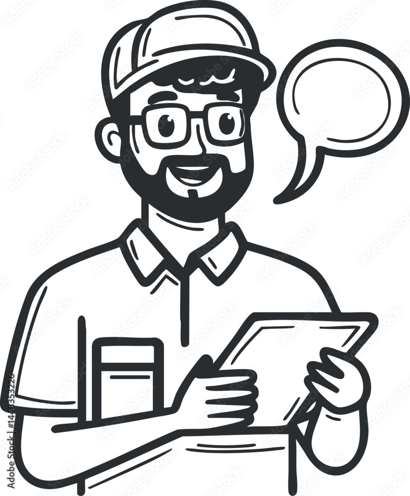 Black and white cartoon illustration of a man holding a tablet and speaking with a speech bubble Black and white cartoon illustration of a man holding a tablet and speaking with a speech bubble