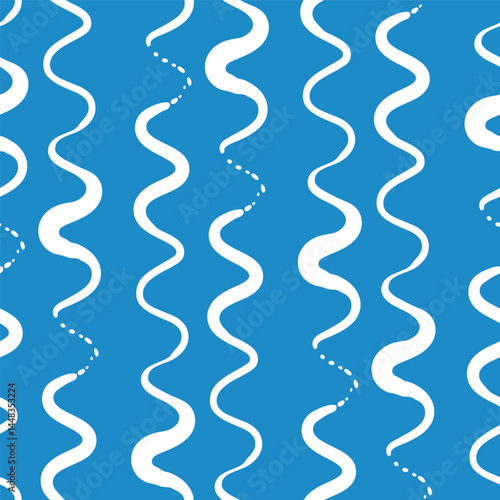 Blue white wiggle paintbrush strokes vertical stripes. Vector pattern background. Nautical theme. Striped ocean waves, wobbly lines. Irregular marine look backdrop. For boy nursery, swimming.