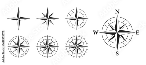 Compass logo. Black compass icons. East, West, North and South