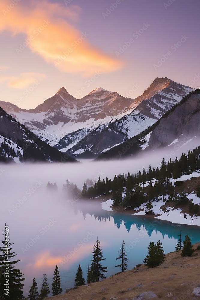 Obraz premium Serene Mountain Lake View Shrouded In Fog At Dawn Alberta Canada
