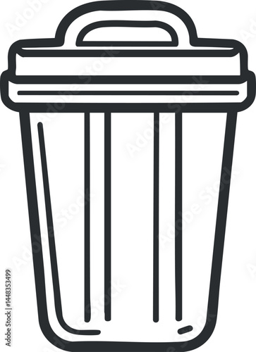 Black and white line drawing of a trash bin with a lid and handle isolated on white
