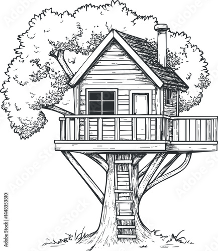 Black and white illustration of a wooden treehouse with ladder and balcony surrounded by tree leaves