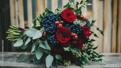 Rustic wedding bouquet featuring dark blue berries, red roses, and rich greenery on wood table, surrounded by soft natural light and shadows, timeless romance and floral texture in moody setting
