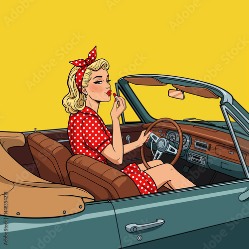 Retro blonde pin up girl in a red polka dot dress, driving a classic convertible car. Vintage flat vector pop art illustration.