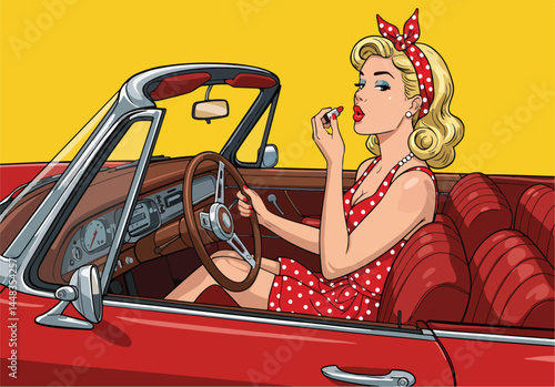 Retro blonde pin up girl in a red polka dot dress, driving a classic convertible car. Vintage flat vector pop art illustration.