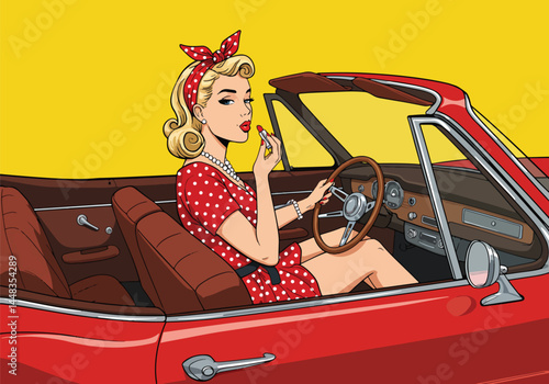 Retro blonde pin up girl in a red polka dot dress, driving a classic convertible car. Vintage flat vector pop art illustration.