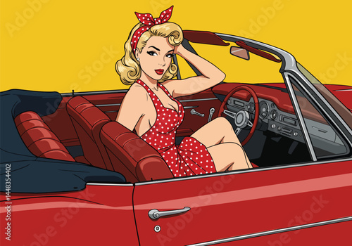 Retro blonde pin up girl in a red polka dot dress, driving a classic convertible car. Vintage flat vector pop art illustration.