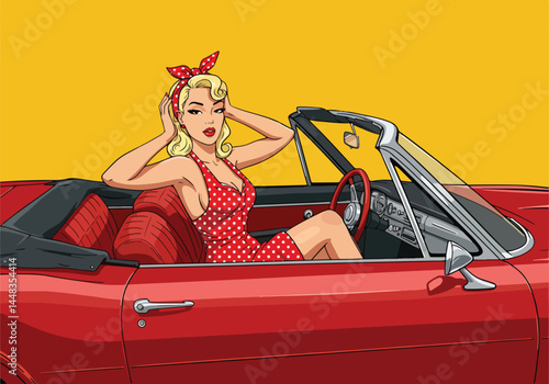 Retro blonde pin up girl in a red polka dot dress, driving a classic convertible car. Vintage flat vector pop art illustration.