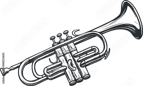 Detailed black and white illustration of a classic trumpet musical instrument with valves and tubing