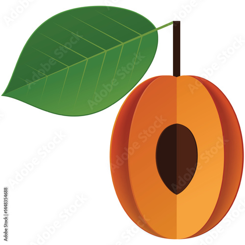 Apricot fruit vector illustration. Ripe nectarine flat icon. Sweet organic food slice with seed and green leaf isolated on white background