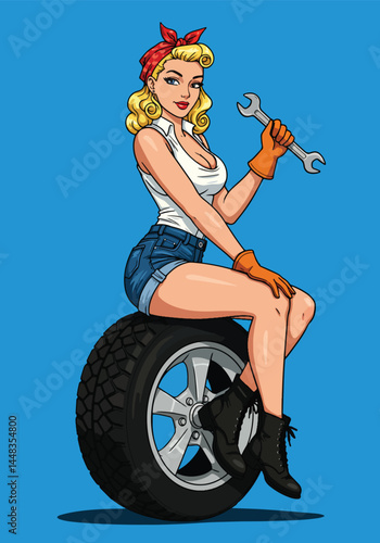 Adobe Illustrator Artwork Sexy pin up mechanic girl, seated on a tire and holding a wrench, rendered in a bold flat vector pop art style against a vibrant backdrop
