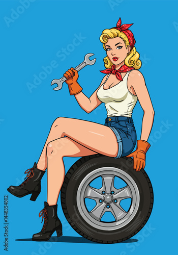 Adobe Illustrator Artwork Sexy pin up mechanic girl, seated on a tire and holding a wrench, rendered in a bold flat vector pop art style against a vibrant backdrop