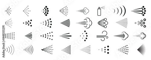 Spray icon set, small drops of liquid in the air. Different types of dot effect. Vector line art illustration isolated on white background