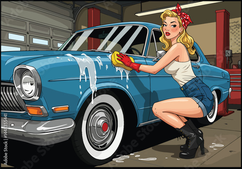 Adobe Illustrator Artwork Charming pin-up girl in red bandana and denim shorts, lovingly washing a vintage car in a vibrant, flat vector pop art style garage scene