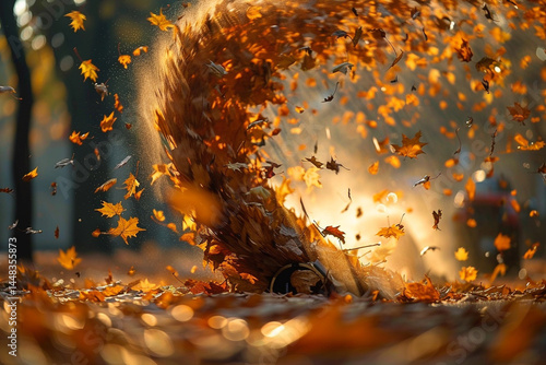 The powerful leaf blower effortlessly creates a swirling vortex of leaves, showcasing the impressive capabilities of modern technology in harmony with the surrounding nature    