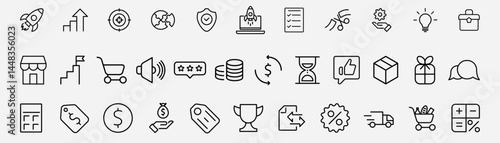 Set of influencer related line icons. Blogger, creator, audience etc. Editable stroke. Blog, monetization, personal brand, video, likes, social media, collection. Vector illustration