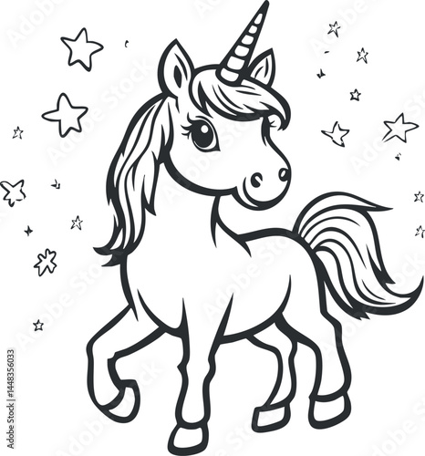 Black and white illustration of a cute unicorn prancing surrounded by stars in a whimsical fantasy style