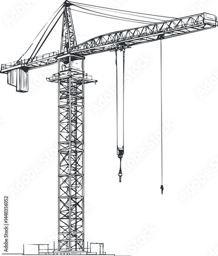 Black and white sketch of a tower crane used in construction for lifting heavy materials and equipment.