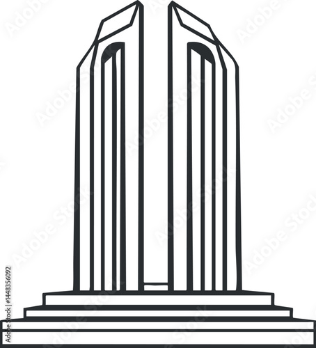 Black and white illustration of a tall monument or memorial tower with a stepped base and vertical lines