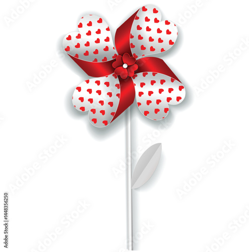 Flower pinwheel vector. Paper wind mill with rotate petal blade. Toy windmill fan icon isolated on white background