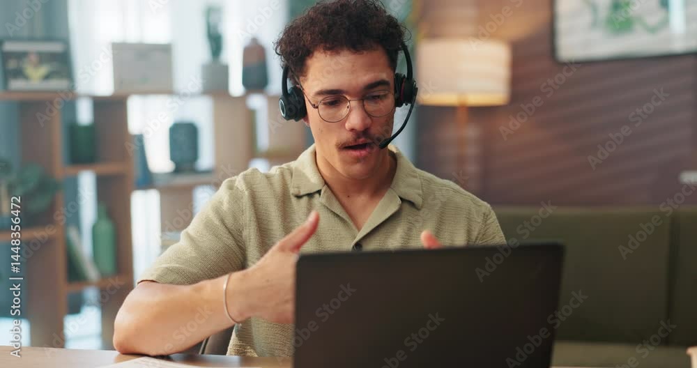 Man, agent or laptop with headset for remote work, online advice or customer service at home office. Male person, consultant or support with computer or mic for CRM help, assistance or communication