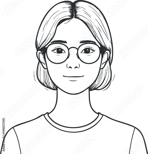 Black and white line art portrait of a young woman with glasses and short hair smiling