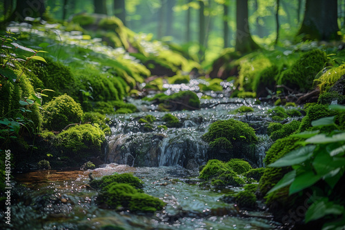 The serene and peaceful setting of a lush moss covered forest is enhanced by the gentle flow of a babbling brook, creating a calming and relaxing environment with its soothing sounds    