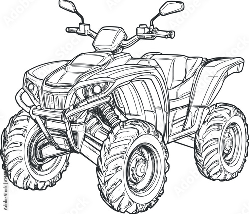 Black and white sketch illustration of an all terrain vehicle ATV with large tires and handlebars for off road riding