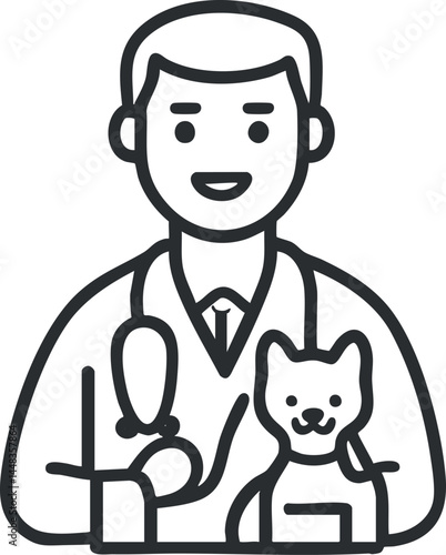 Line art icon of a smiling male veterinarian holding a cat with a stethoscope around neck in clinic