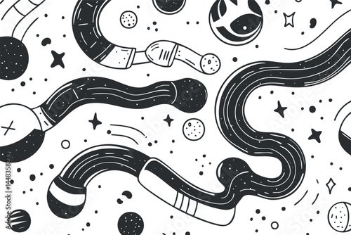 Black and white seamless pattern of field hockey sticks and balls with abstract design elements