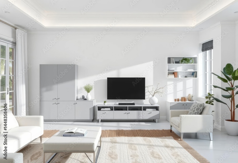 Fototapeta premium Bright white living room features a sleek gray storage cabinet, decor, room design