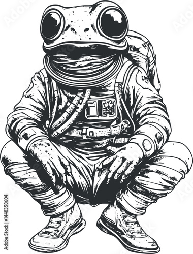 Black and white illustration of a frog wearing an astronaut suit sitting in a squatting pose