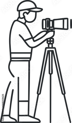 Illustration of a man standing and taking a photo using a camera mounted on a tripod with a long lens.