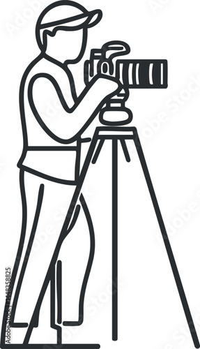 Line art illustration of a photographer using a camera mounted on a tripod capturing images.