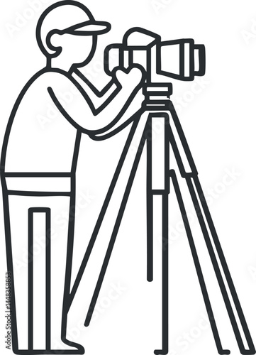 Line art illustration of a photographer using a camera mounted on a tripod capturing photos