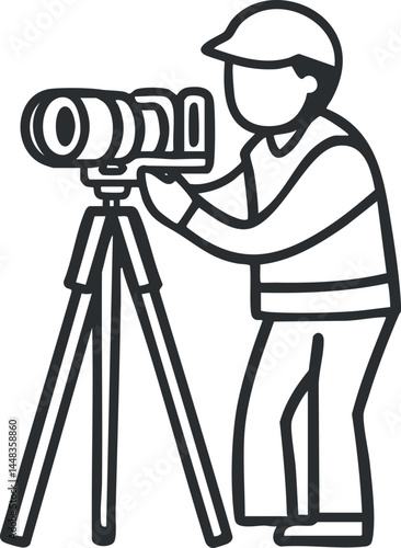 Line art of a man using a camera mounted on a tripod for photography or videography